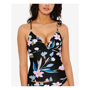 HULA HONEY Women's Black Strappy Back  Flourishing Tankini Swimsuit Top S